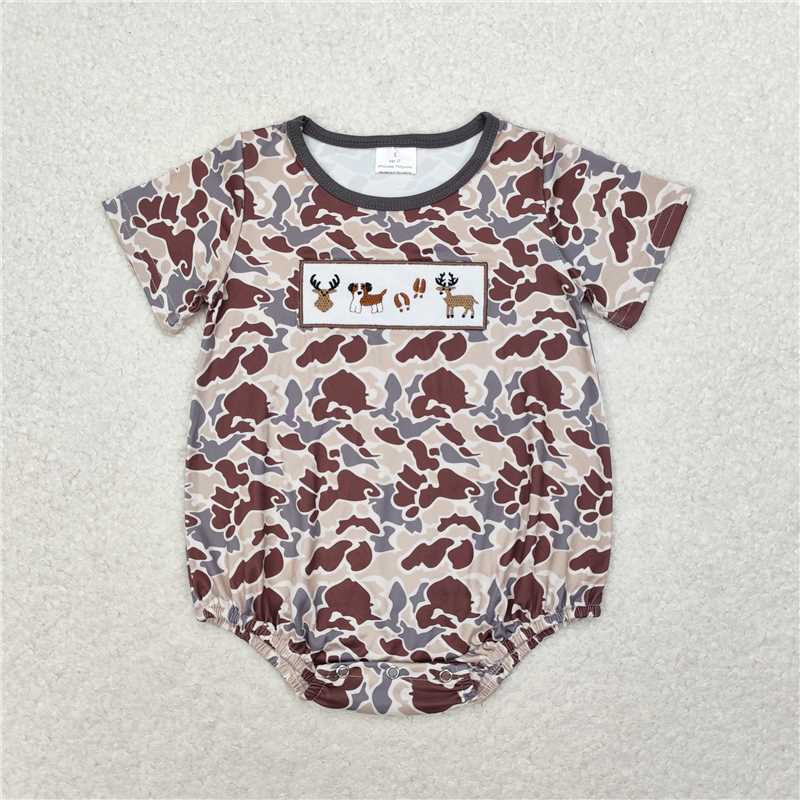 6.27 RTS NO MOQ Baby Boys Summer Bodysuit SR1785 Embroidery Camo Deer Hunting Dogs Short Sleeve Summer Rompers