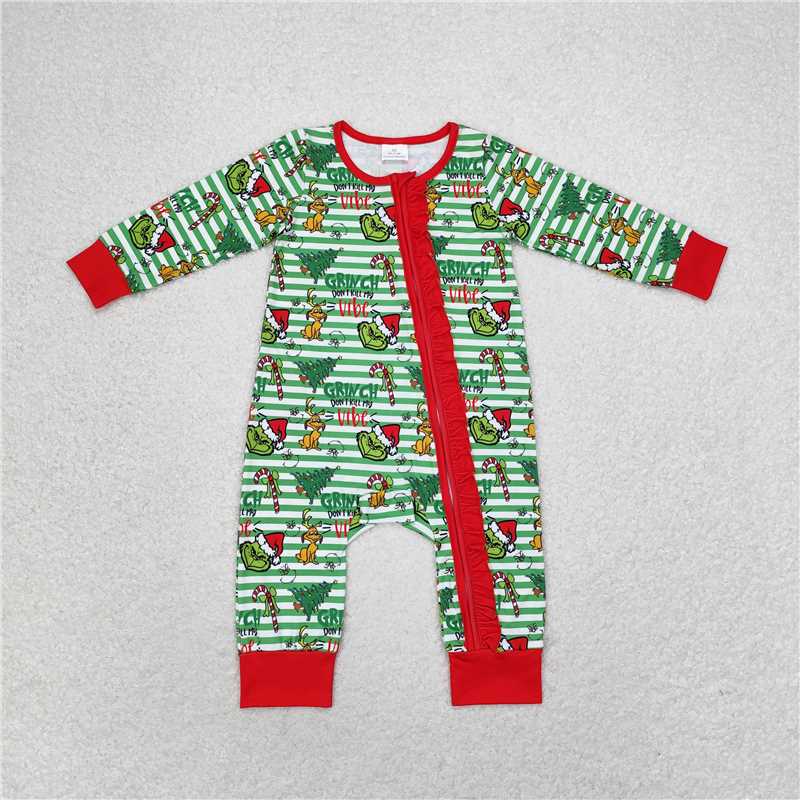 7.12 RTS NO MOQ Baby Girls Bodysuit LR1054 Christmas Green Face Frog Zip Rompers