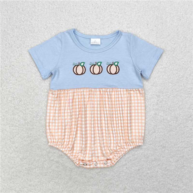 6.27 RTS NO MOQ Baby Boys Summer Bodysuit SR1711 Fall Pumpkin Checkered Short Sleeve Rompers
