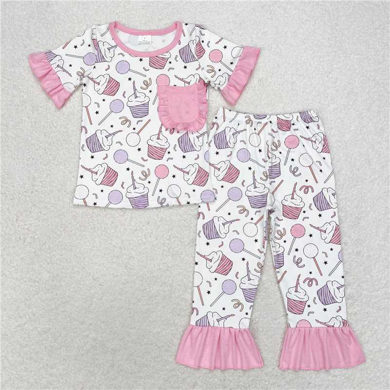 RTS NO MOQ Baby Girls Summer Kids Sets GSPO1575 Birthday Cup Cake Pockets Tops Pants Pajamas Clothes Sets