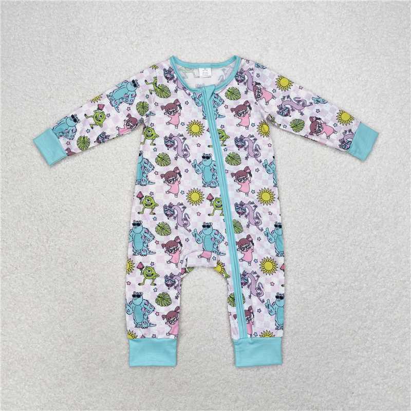 7.7 RTS NO MOQ Baby Boys Bodysuit LR0988 Monster Blue Checkered Zip Bamboo Rompers