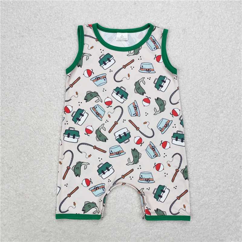 6.6 RTS NO MOQ Baby Boys Summer Bodysuit SR0914 Fishing Green Sleeveless Rompers