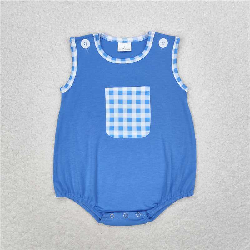 6.6 RTS NO MOQ Baby Boys Summer Bodysuit SR1537 Blue Pocket Sleeveless Rompers