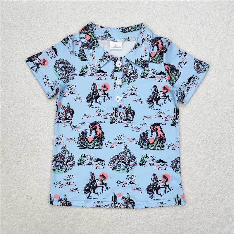 RTS NO MOQ Summer Baby Boys Shirt BT0661 Rodeo Buttons Blue Short Sleeve Tee Shirts Tops