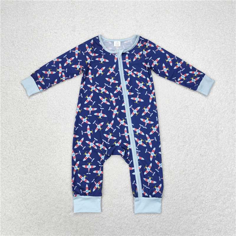 7.7 RTS NO MOQ Baby Boys Bodysuit LR1024 Planes Blue Long Sleeve Bamboo Zippy Rompers