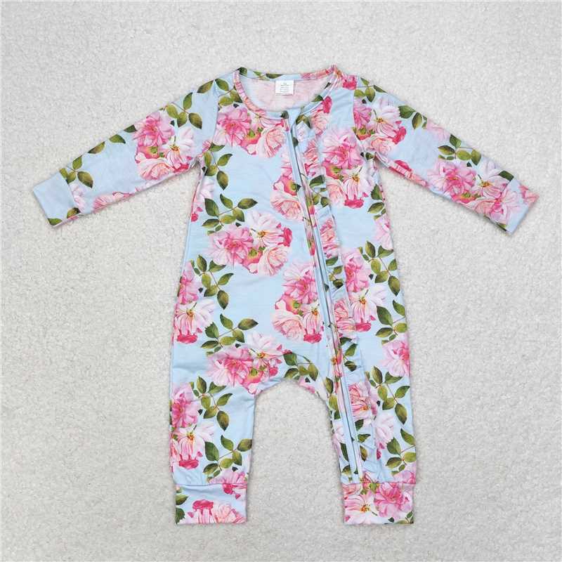 7.12 RTS NO MOQ Baby Girls Bodysuit LR0880 Spring Blue Flowers Long Sleeve Rompers