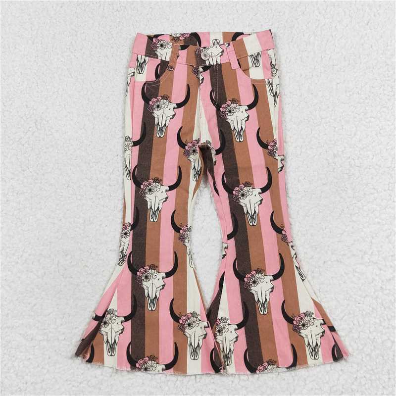 RTS NO MOQ Baby Girls Pants P0437 Aztec Western Cow Stripe Skull Bell Flare Denim Jeans