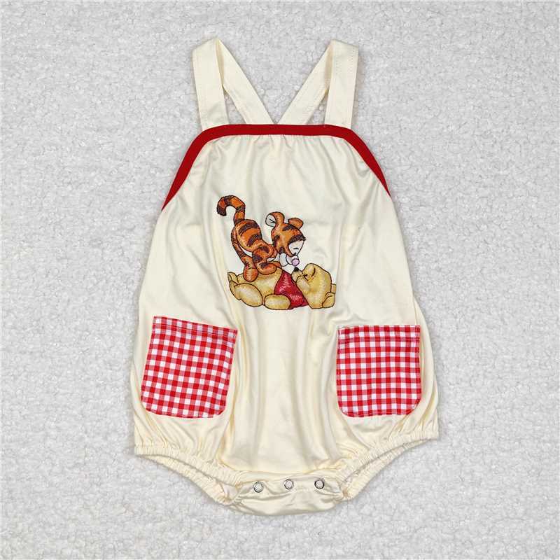 6.6 RTS NO MOQ Baby Boys Summer Bodysuit SR1704 Yellow Bear Tiger Pocket Straps Rompers