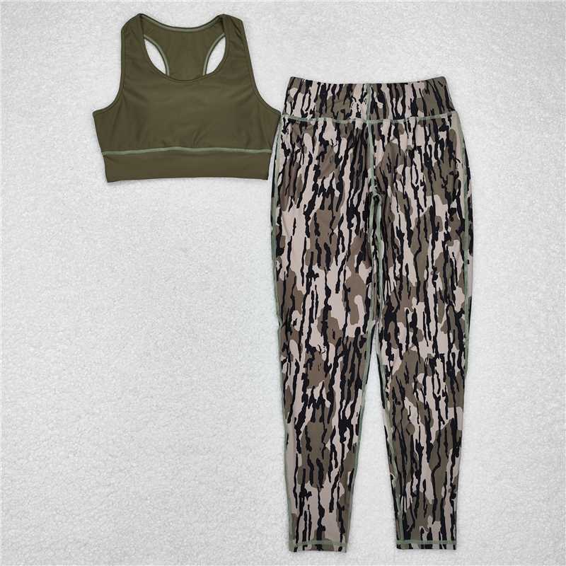 7.4 RTS NO MOQ Adult Women Summer Sets GSPO1666 Green Vest Top Camo Branches Pants Yoga Sports Clothes Sets