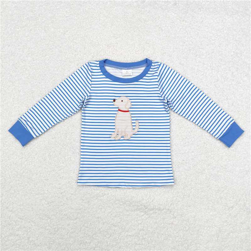 RTS NO MOQ Baby Boys Long Sleeve BT0808 Blue Stripes Dog Tee Shirts Tops