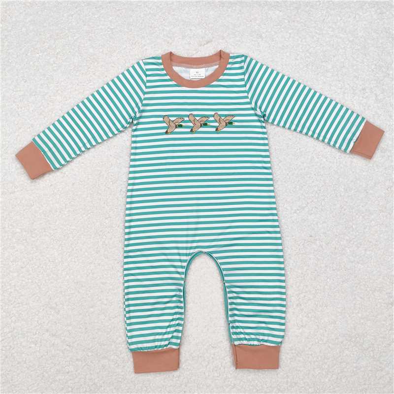 5.13 RTS NO MOQ Baby Boys Bodysuit LR1618 Green Stripes Mallard Ducks Hunting Rompers