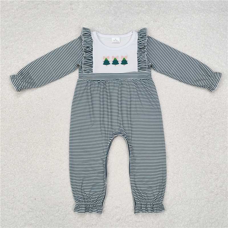 5.19 RTS NO MOQ Baby Girls Bodysuit LR1587 Christmas Green Stripes Trees Rompers