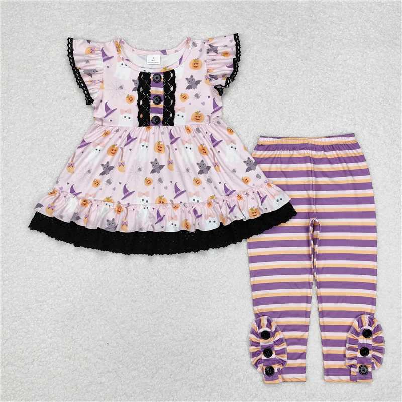 RTS NO MOQ Baby Girls Summer Kids Sets GSPO1668 Halloween Pumpkin Bats Tunic Legging Clothes Sets