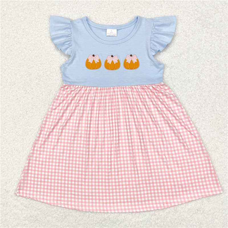 7.9 RTS NO MOQ Summer Baby Girls Dresses GSD1421 Pumpkins Pink Checkered Knee Length Dresses