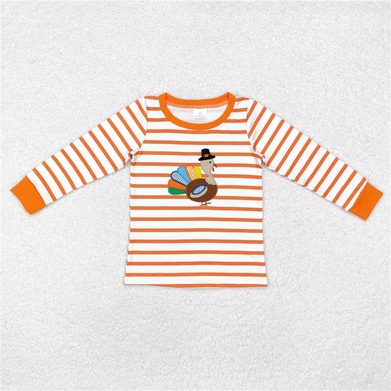 RTS NO MOQ Baby Boys Long Sleeve BT0816 Thanksgiving Turkey Orange Stripes Tee Shirts Tops
