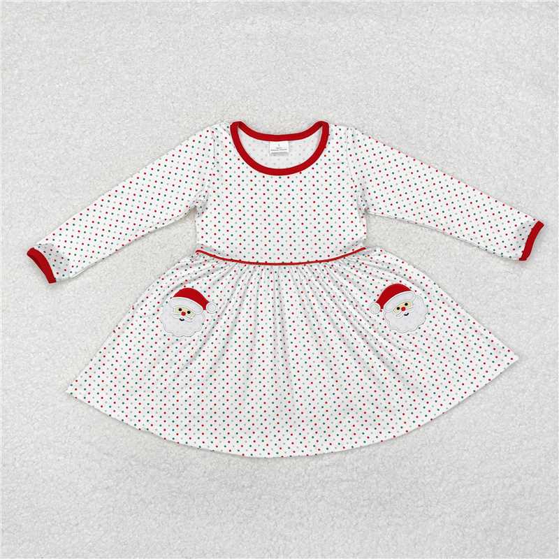 5.15 RTS NO MOQ Baby Girls Long Sleeve GLD0779 Christmas Dots Santa Knee Length Dresses