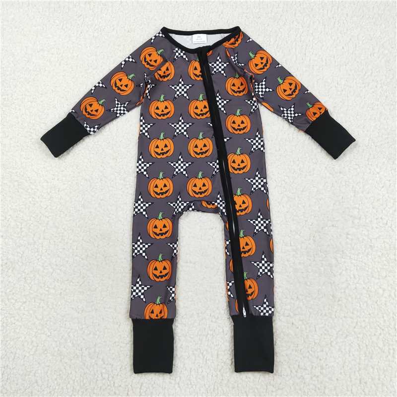 11.12 LR2464 Baby Boys Halloween Stars Pumpkins Zipper Footie Rompers
