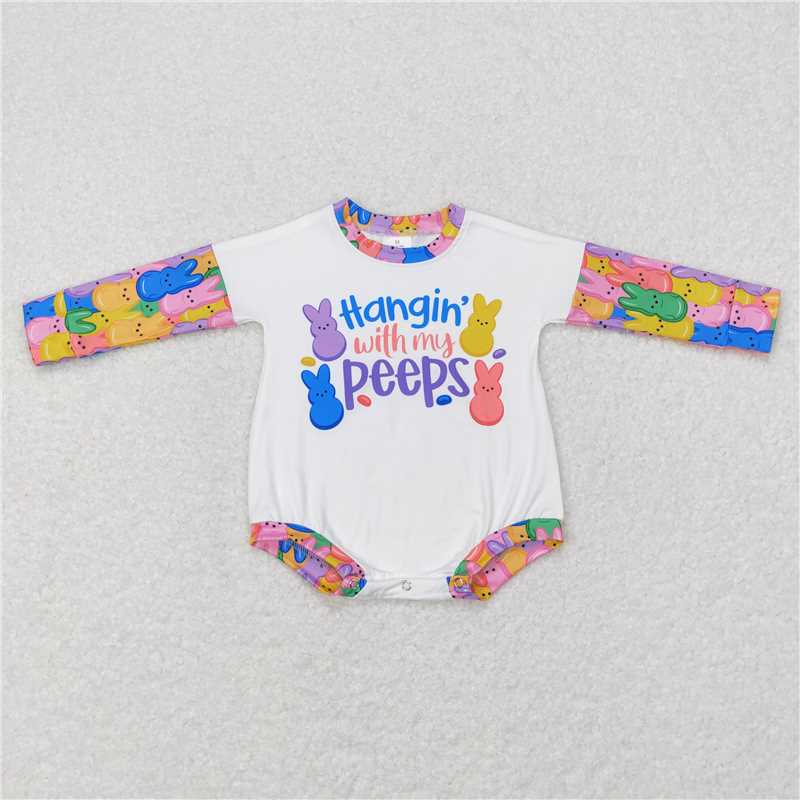 7.28 RTS NO MOQ Baby Girls Bodysuit LR0792 Easter Colorful Rabbits Long Sleeve Rompers