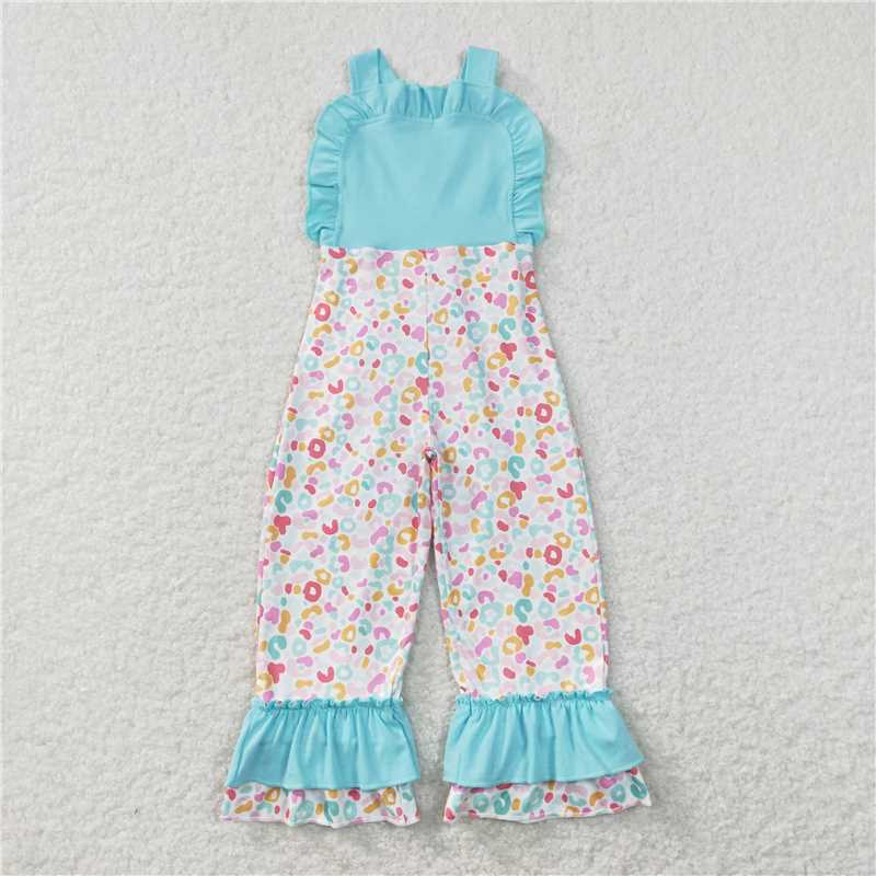 RTS NO MOQ Summer Baby Girls Bodysuit SR0966 Blue Leopard Straps Ruffle Pants Jumpsuits