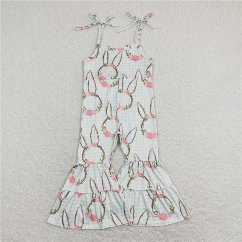 RTS NO MOQ Summer Baby Girls Bodysuit SR0875 Easter Rabbit Ears Straps Bell Pants Jumpsuits
