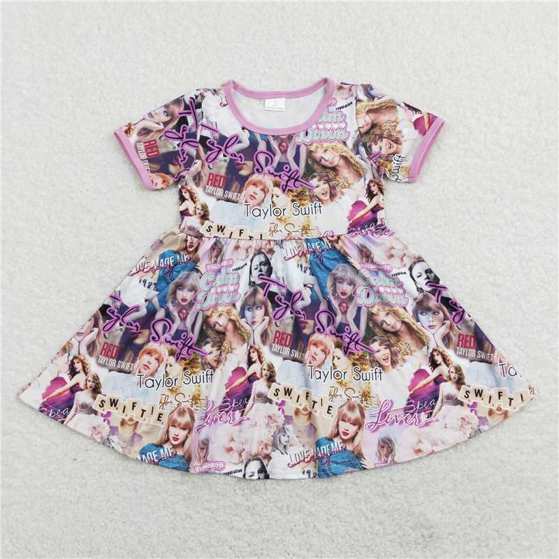 8.1 RTS NO MOQ Summer Baby Girls Dresses GSD0707 Purple Singer Short Sleeve Twirl Knee Length Dresse