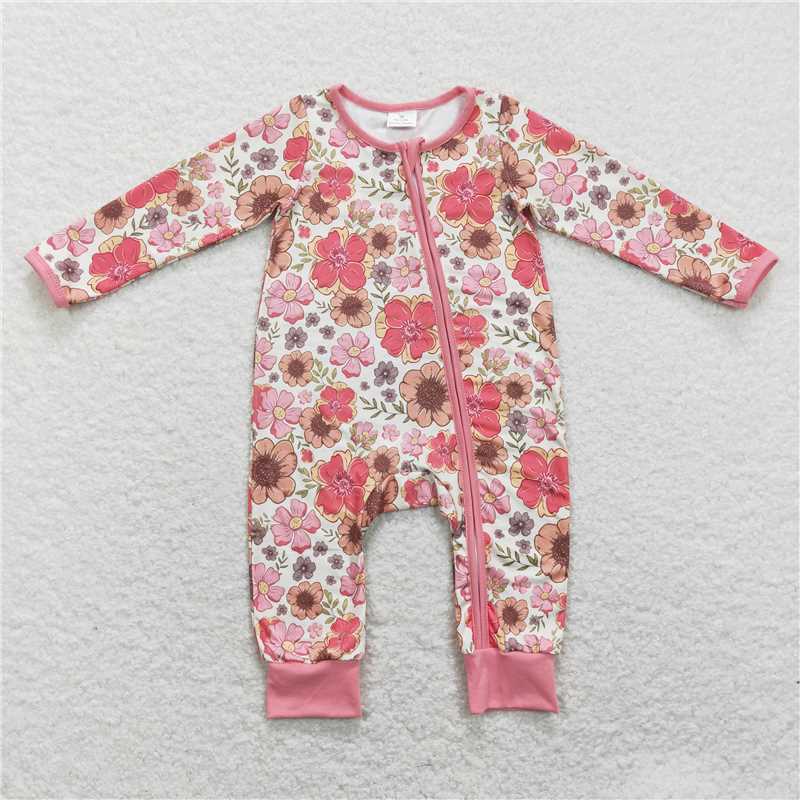 7.26 RTS NO MOQ Baby Girls Bodysuit LR0895 Pink Orange Flowers Zip Rompers