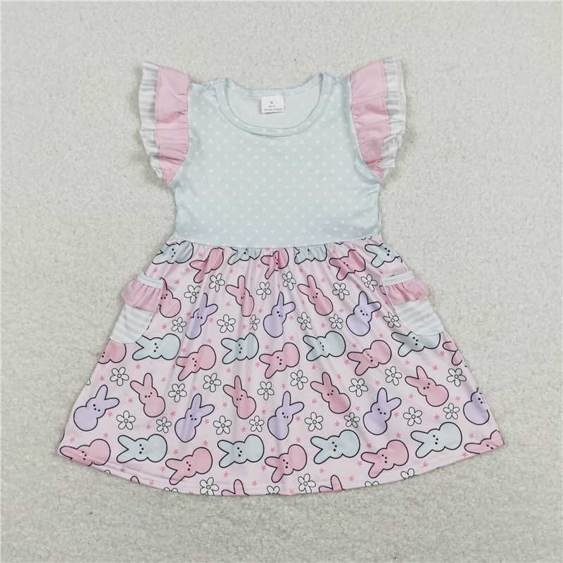 8.1 RTS NO MOQ Summer Baby Girls Dresses GSD0637 Easter Rabbits Flutter Sleeve Pockets Dresses