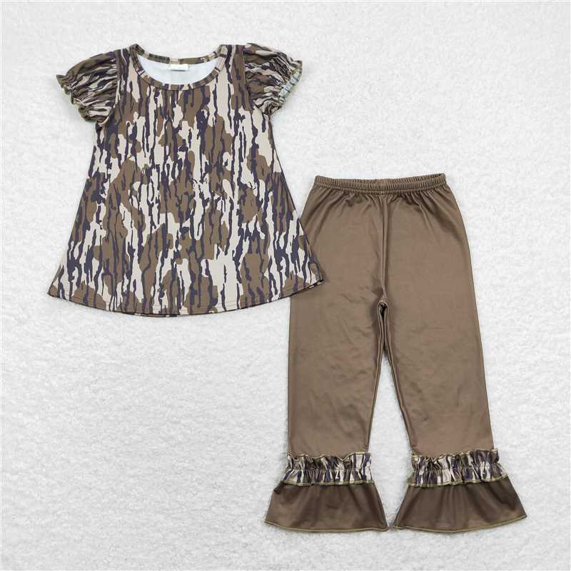 7.2 RTS NO MOQ Baby Girls Summer Kids Sets GSPO1318 Camo Short Sleeve Tunic Ruffle Pants Clothes Sets