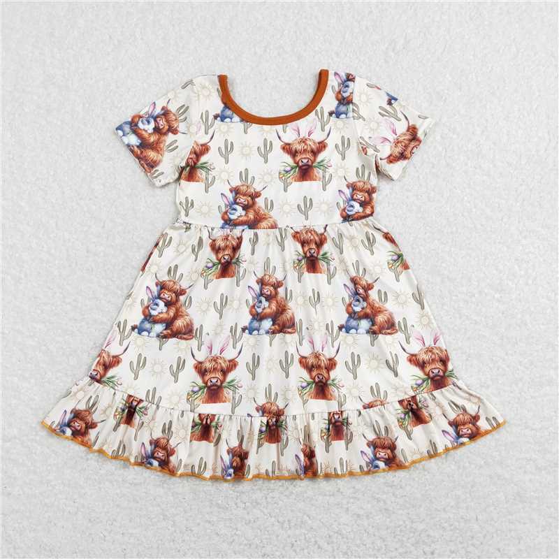 8.1 RTS NO MOQ Summer Baby Girls Dresses GSD0778 Easter Highland Cow Cactus Ruffle Knee Length Dresses