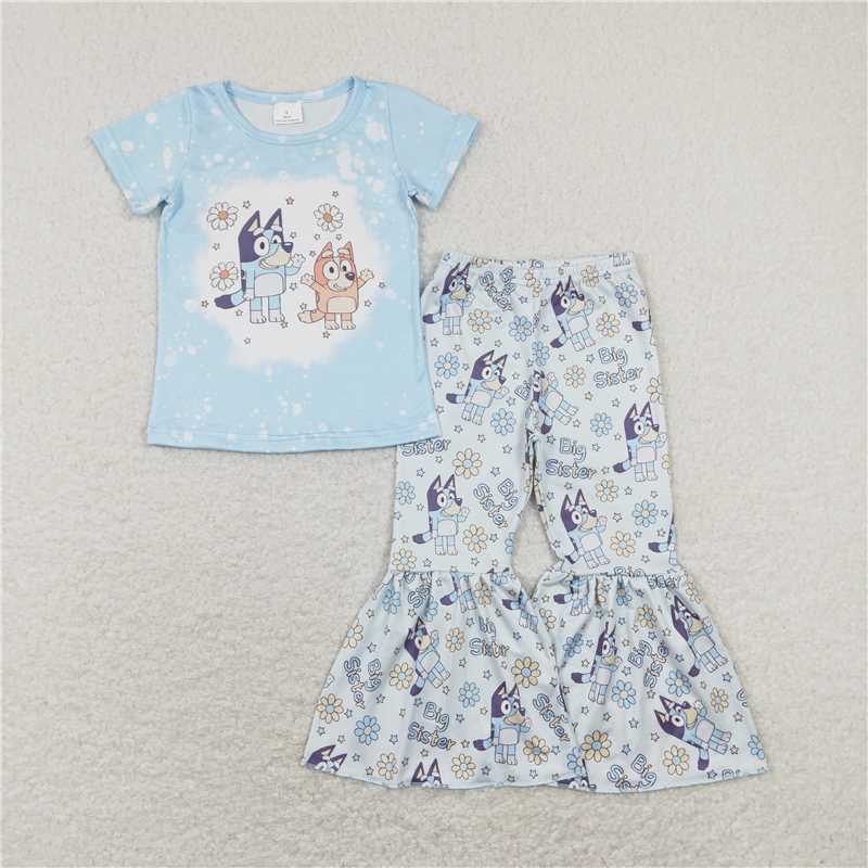 7.14 RTS NO MOQ Baby Girls Summer Kids Sets GSPO1336 Sister Dog Shirts Top Bell Bottom Pants Clothes Sets