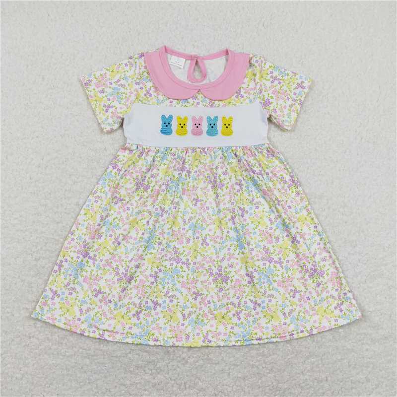 8.1 RTS NO MOQ Summer Baby Girls Dresses GSD0649 Easter Rabbits Pink Flowers Knee Length Dresses