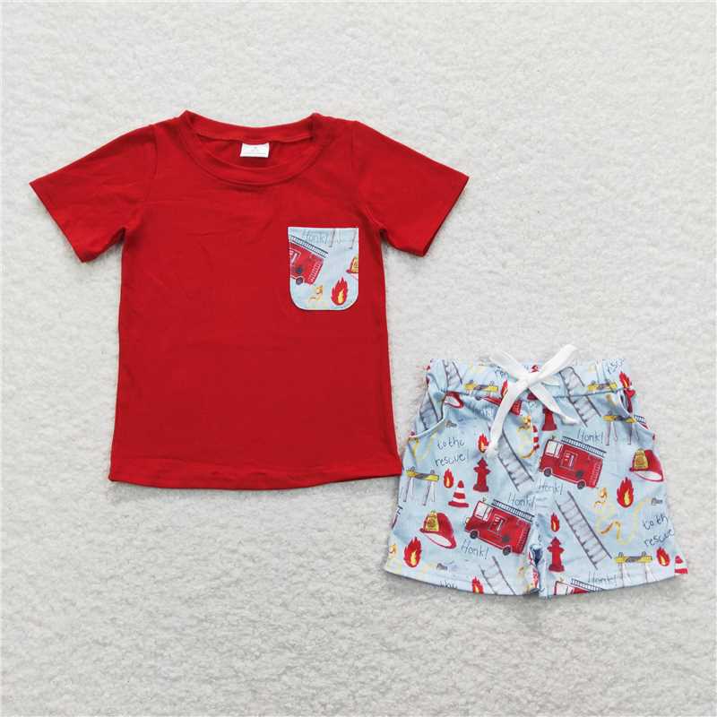 RTS NO MOQ Baby Boys kids Summer Sets BSSO0557 Red Pocket Tee Shirts Fire Truck Shorts Clothes Sets