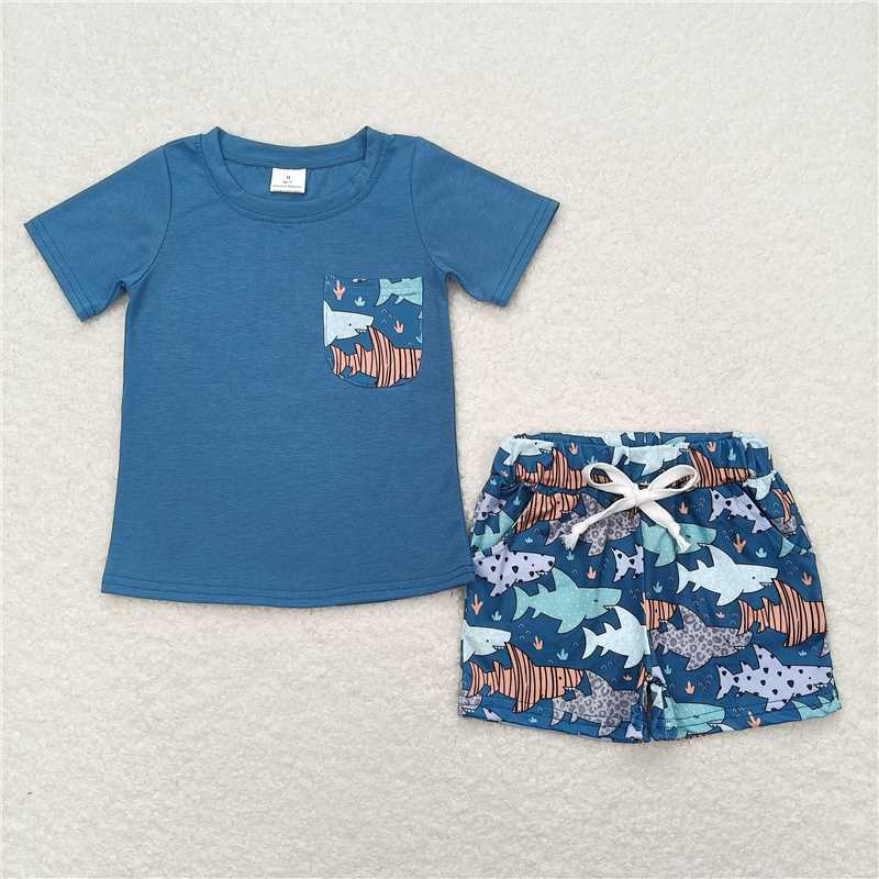RTS NO MOQ Baby Boys kids Summer Sets BSSO0830 Blue Pocket Tee Shirts Tops Fish Shorts Clothes Sets