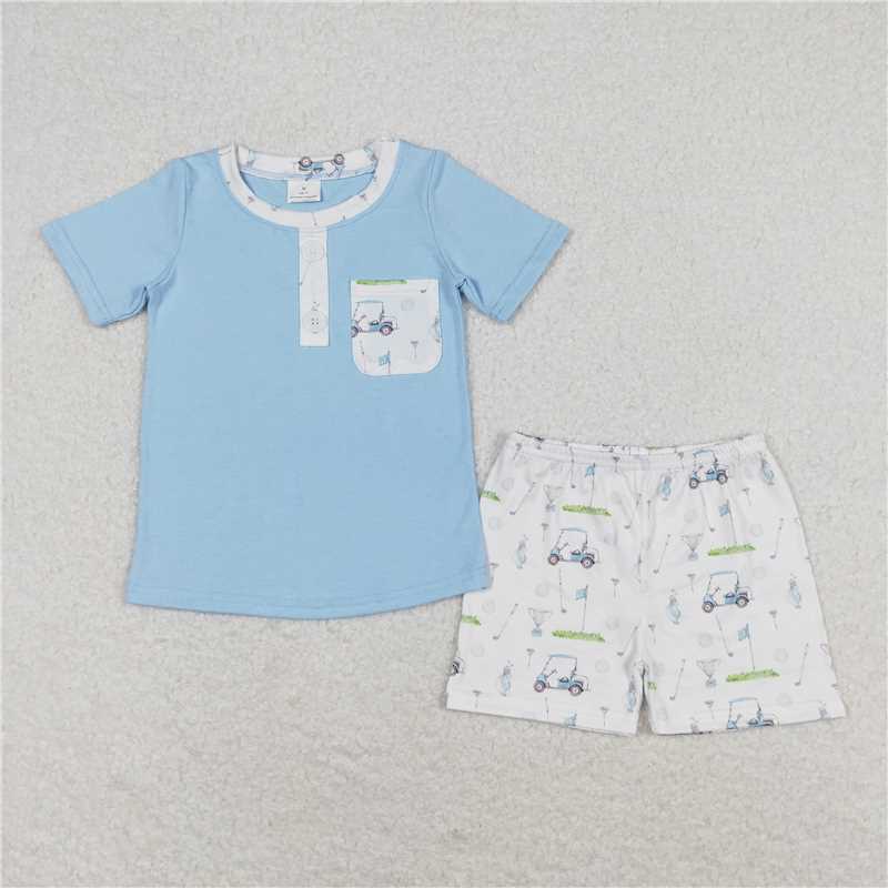 RTS NO MOQ Baby Boys kids Summer Sets BSSO0615 Blue Shirt Golf Shorts Outfits Clothes Sets