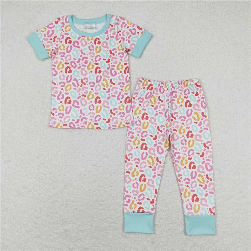 RTS NO MOQ Baby Girls Summer Kids Sets GSPO1386 Pink Leopard Shirt Top Pants Pajamas Clothes Sets