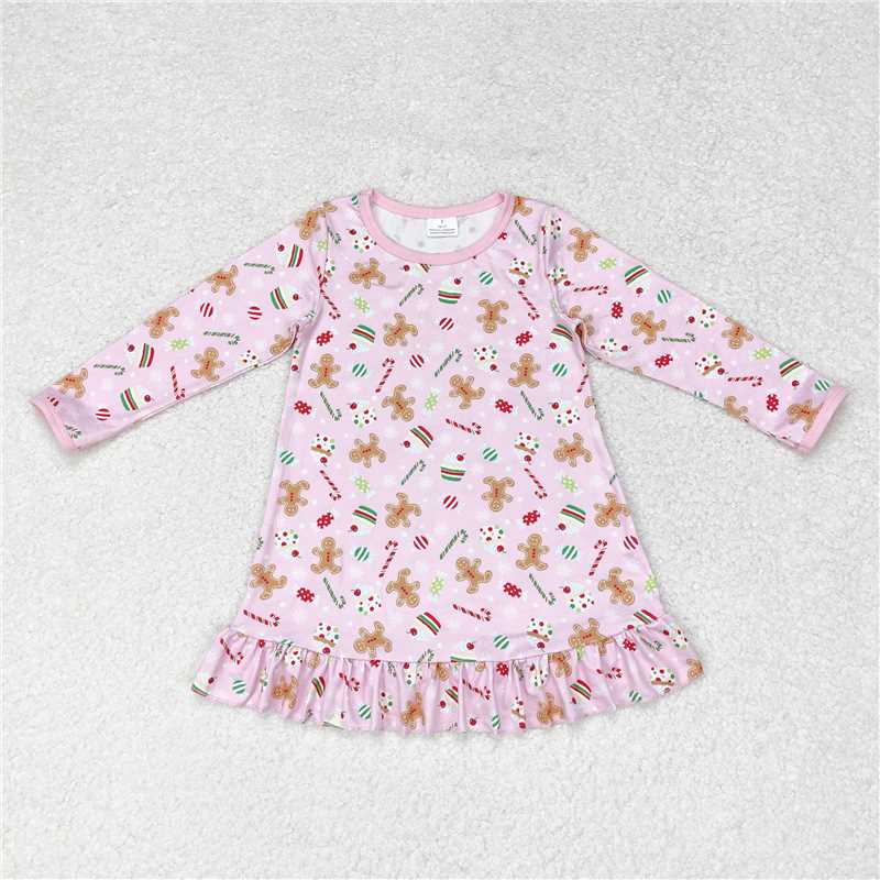 RTS NO MOQ Baby Girls Long Sleeve GLD0550 Christmas Gingerbread Candy Cane Knee Length Dresses