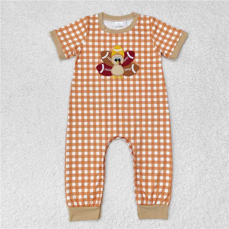 RTS NO MOQ Baby Boys Summer Bodysuit SR1887 Turkey Thanksgiving Checkered Short Sleeve Rompers