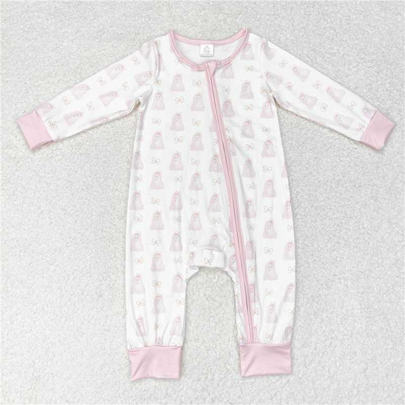 7.12 RTS NO MOQ Baby Girls Bodysuit LR1124 Halloween Pink Bows Ghost Zip Bamboo Rompers