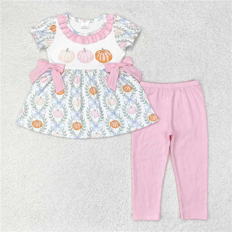RTS NO MOQ Baby Girls Summer Kids Sets GSPO1601 Pumpkin Bows Leaves Tunic Legging Clothes Sets