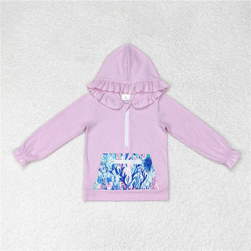 RTS NO MOQ Baby Girls Long Sleeve GT0625 Lavender Ruffle Hooded Sea Weed Pocket Tops