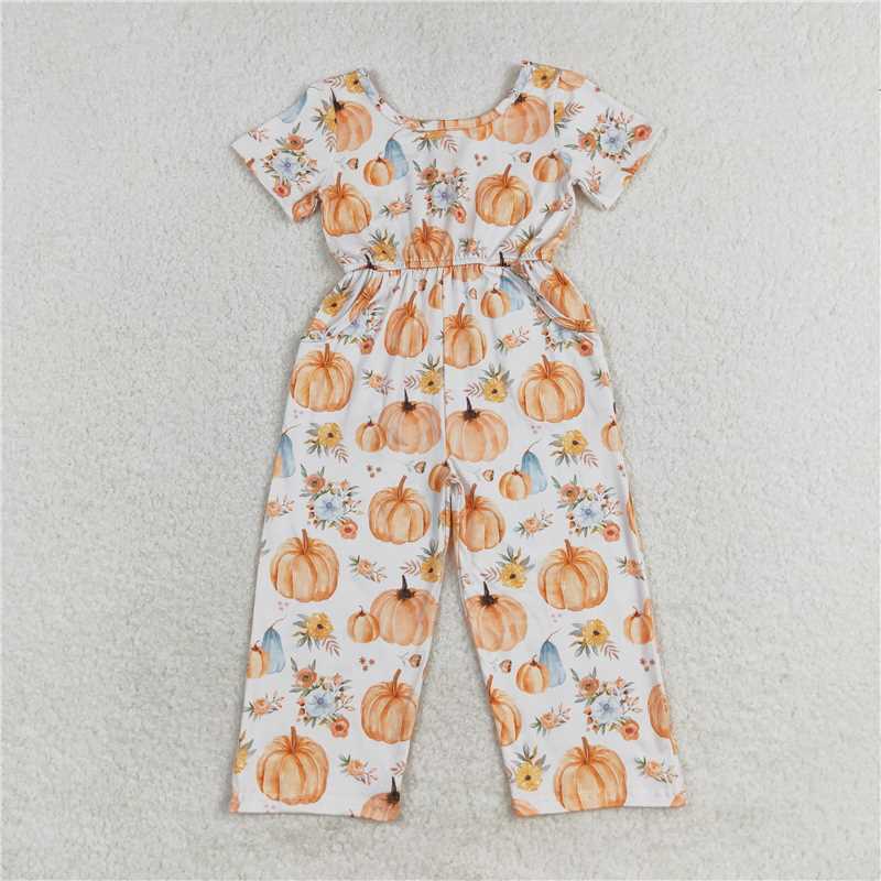RTS NO MOQ Summer Baby Girls Bodysuit SR1880 Fall Pumpkin Flowers Short Sleeve Pants Jumpsuits