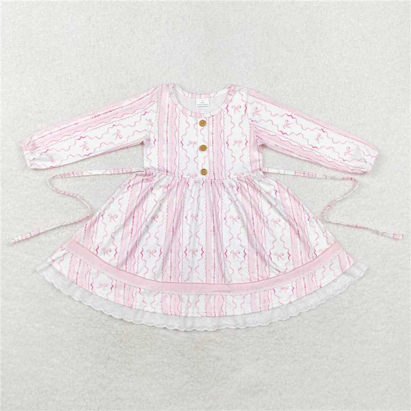 RTS NO MOQ Baby Girls Long Sleeve GLD0546 Pink Bows Ruffle Knee Length Dresses