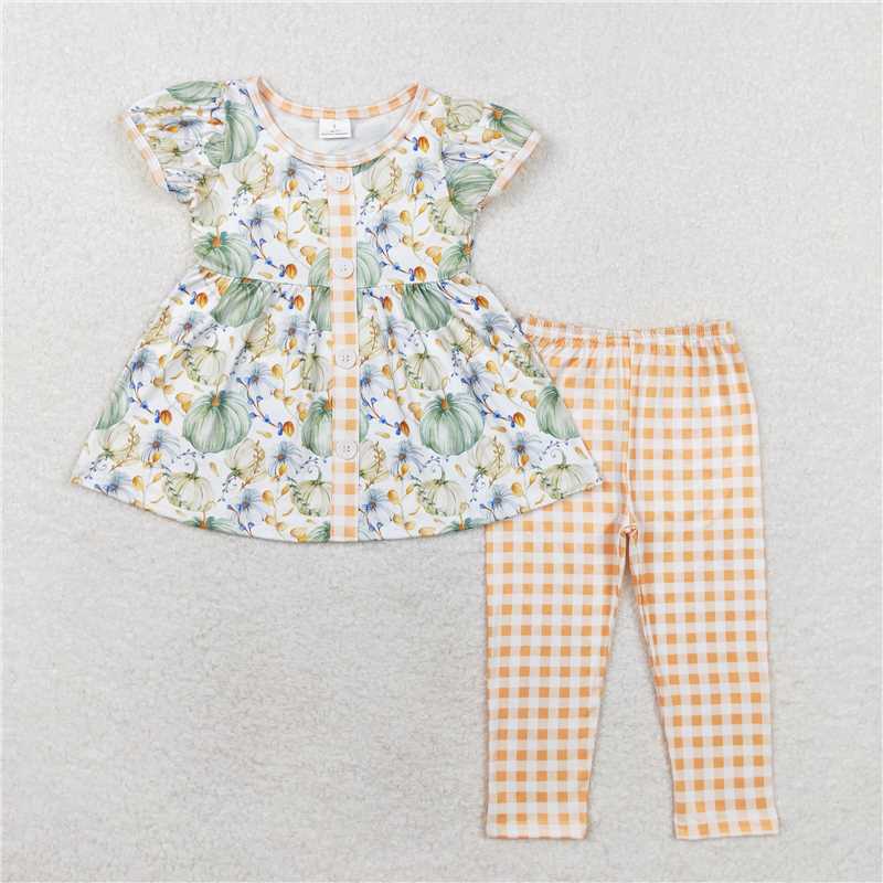 RTS NO MOQ Baby Girls Summer Kids Sets GSPO1554 Green Pumpkins Tunic Flowers Legging Clothes Sets