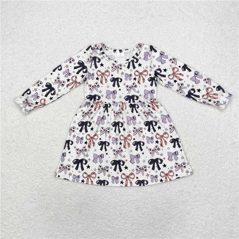 RTS NO MOQ Baby Girls Long Sleeve GLD0738 Halloween Orange Bows Long Sleeve Knee Length Dresses