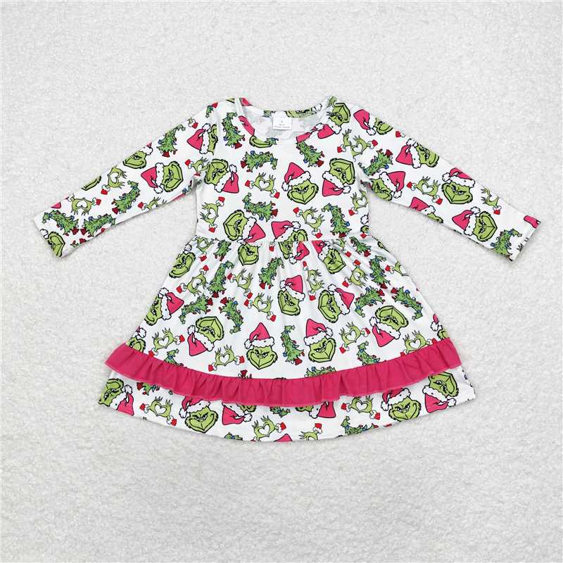 RTS NO MOQ Baby Girls Long Sleeve GLD0651 Christmas Green Hearts Knee Length Dresses