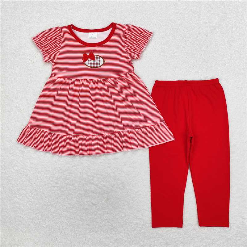 RTS NO MOQ Baby Girls Summer Kids Sets GSPO1675 Red Stripes Football Tunic Legging Clothes Sets