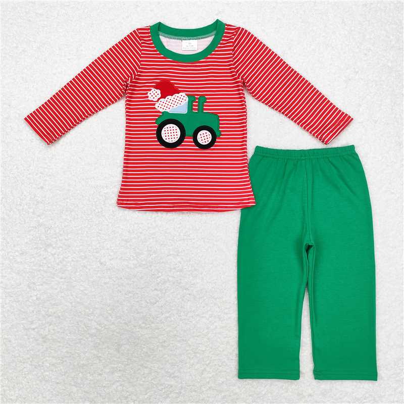 5.28 RTS NO MOQ Baby Boys Sets BLP0679 Christmas Red Stripes Construction Santa Hat Shirt Pants Clothes Sets