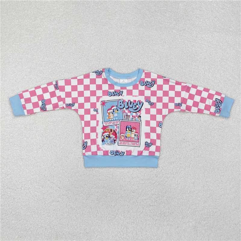 RTS NO MOQ Baby Girls Long Sleeve GT0732 Christmas Blue Checkered Dog Tee Shirts Tops