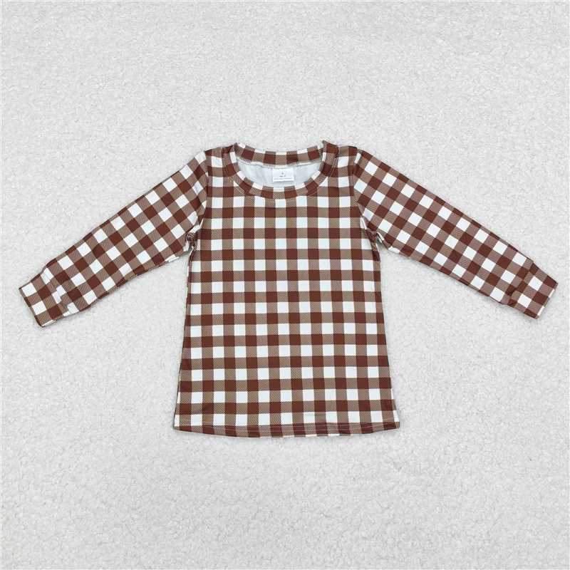 RTS NO MOQ Baby Boys Long Sleeve BT0853 Brown Checkered Tee Shirts Tops