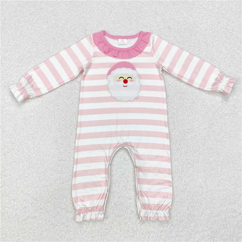 5.14 RTS NO MOQ Baby Girls Bodysuit LR1662 Christmas Pink Stripes Long Sleeve Santa Rompers